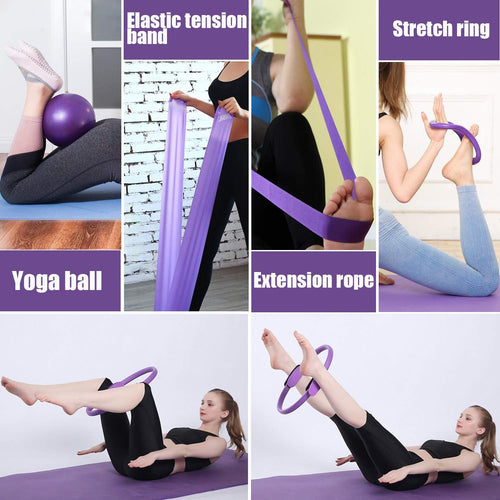 5 Pcs Pilates Ring Set 14" Yoga Fitness Magic Circle Pilates Equipment for Home Workouts Include Ball,Stretching Strap,Extension Strap and Training Ring for Fitness Kit